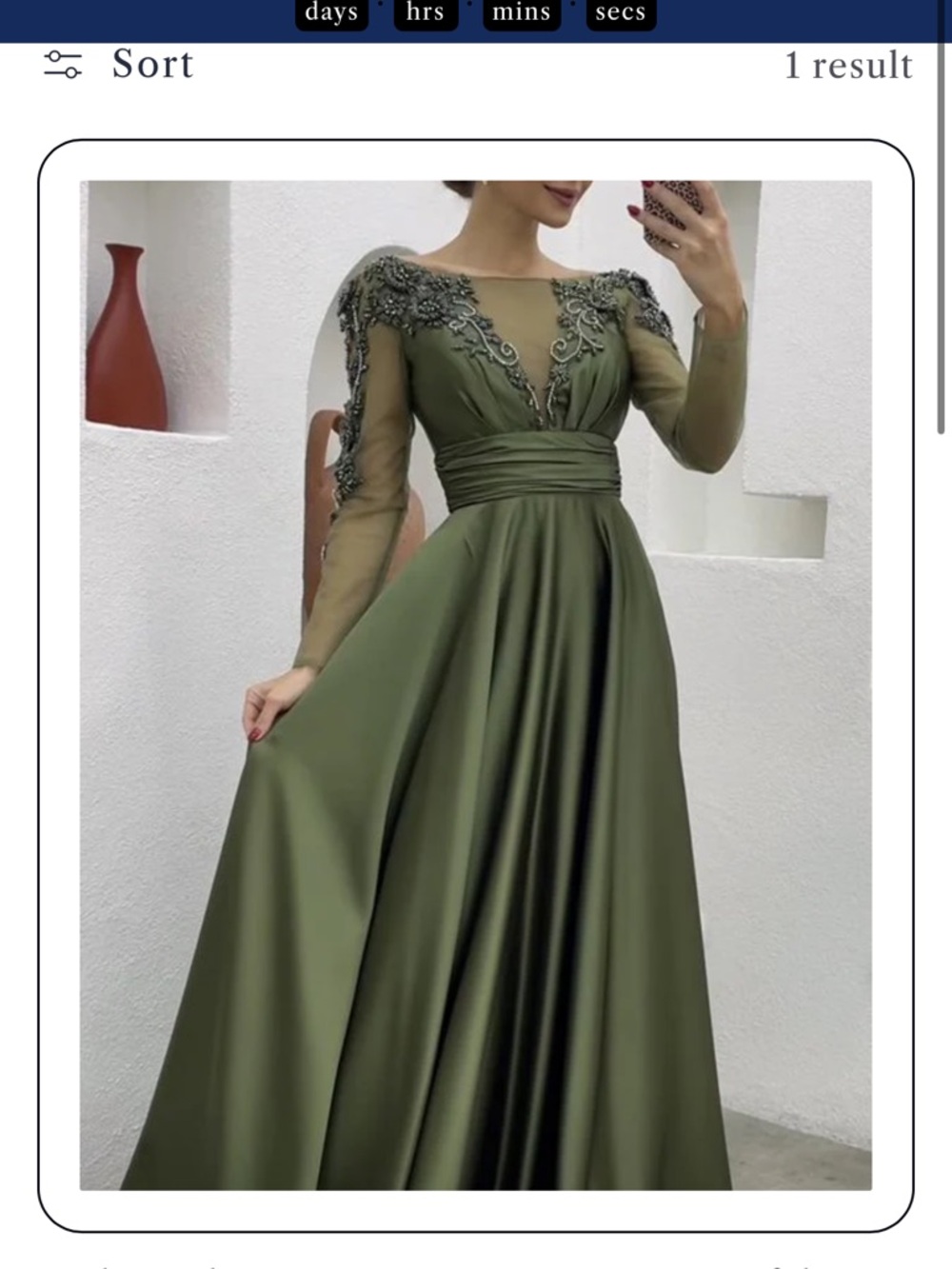 Elegant Olive Green Embroidered Long Sleeve Evening Dress